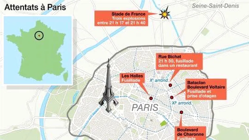 Harta zonelor din Paris afectate de atacurile teroriste de vineri. Unde s-au înregistrat cele mai multe victime 