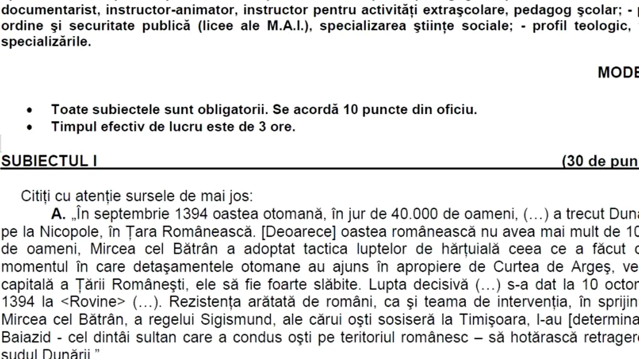 SUBIECTE BAC 2012 - MODEL ISTORIE