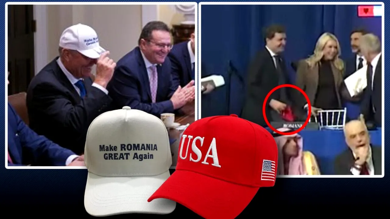Trump, cum vede câte un președinte român, cum îl cumpără cu câte o șapcă. După Iohannis, a venit rândul lui Nicușor să primească o șapcă, ieri, la Consiliul Păcii