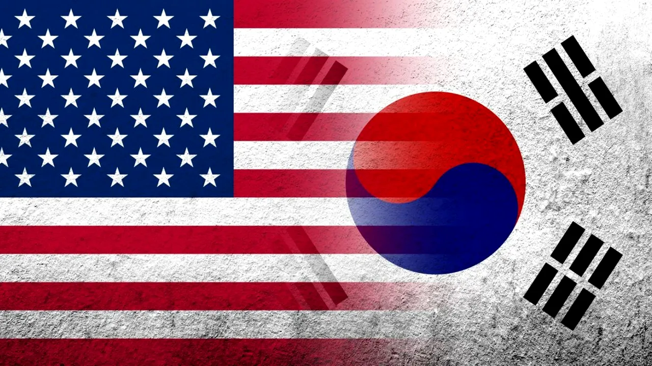 United States of America USA national flag with National flag of South Korea. Grunge background 