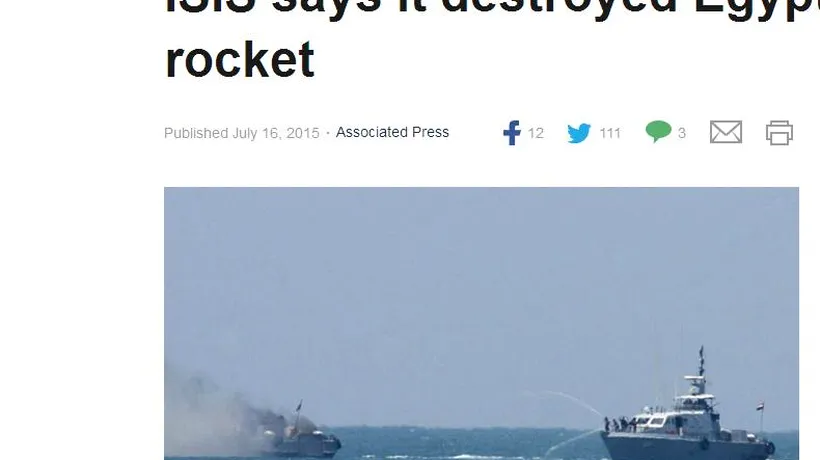 O navă egipteană a fost atacată cu rachete de Statul Islamic în Marea Mediterană