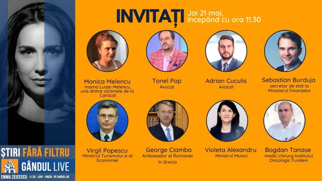 GÂNDUL LIVE. Ministrul Muncii, Violeta Alexandru, și ministrul Turismului si al Economiei, Virgil Popescu, printre invitații Emmei Zeicescu, pe 21 mai, de la 11.30