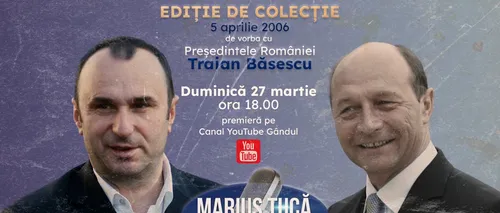Marius Tucă Show începe duminică, 27 martie, de la ora 18.00. O ediție în reluare, din 2006, avându-l invitat pe Traian Băsescu, aflat la acea vreme, în timpul primului său mandat de președinte al României