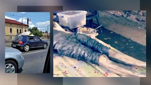 VIDEO | Un artist din Timișoara a transportat pe plafonul maşinii un exponat care semăna cu un cadavru uman. Reacția Poliției