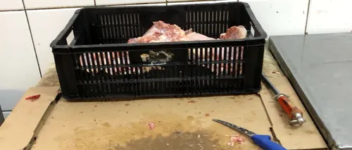 Sute de kilograme de carne ținute într-o mizerie cruntă și ustensile ruginite, la o carmangerie din Constanța. GALERIE FOTO