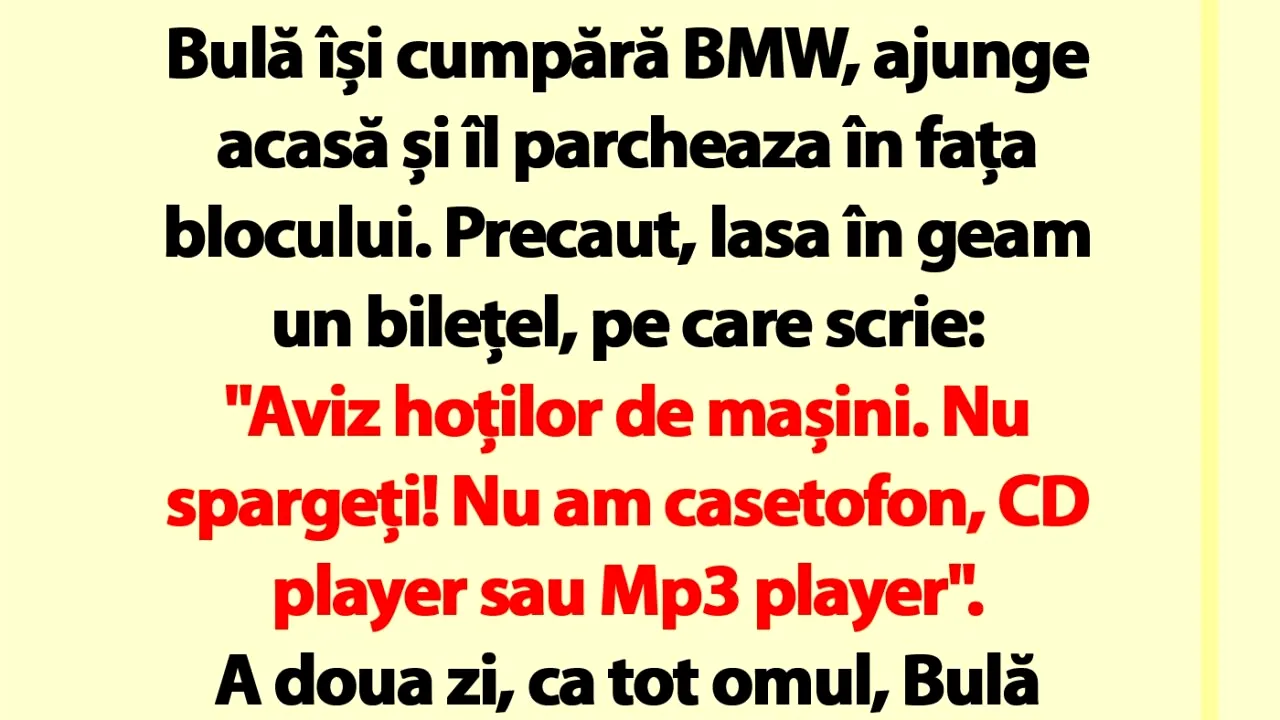 BANC | Bulă își cumpără BMW, ajunge acasă și îl parcheaza în fața blocului