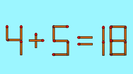 TEST IQ | Mutați un singur chibrit, pentru a corecta 4 + 5 = 18