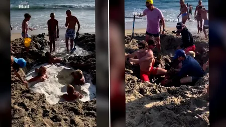 O banală joacă se putea transforma într-o tragedie pe o plajă din California. A fost nevoie de intervenția salvamarilor ca să smulgă turiștii din groapa săpată de ei, înainte să se înece