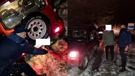 Turiști din Craiova, rămași înzăpeziți într-o zonă montană chiar în noaptea de Înviere. Jandarmii au intervenit pentru salvarea lor - FOTO