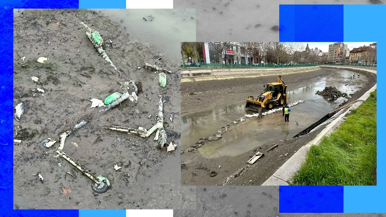 Un segment din Râul Dâmbovița, golit urgent pentru remedierea unor fisuri. Ce COMORI au ieșit la iveală din mâl