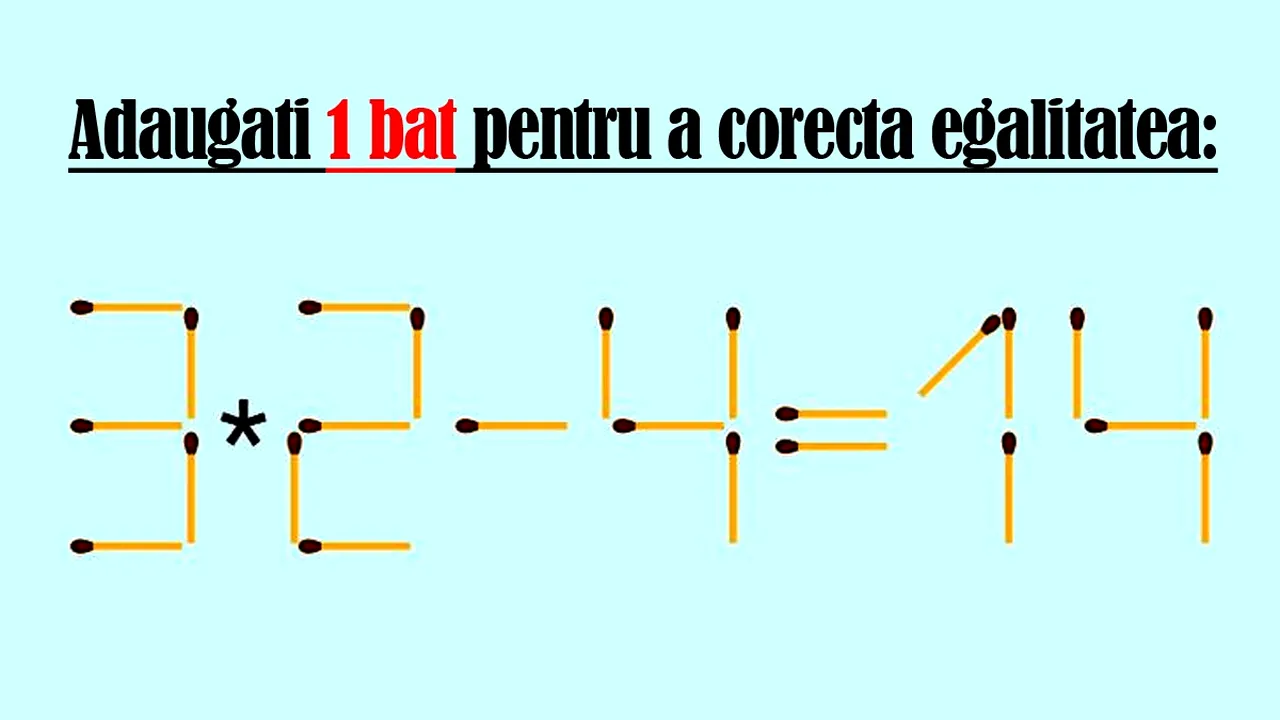 Test de inteligență avansată | Adaugați 1 chibrit pentru a corecta egalitatea: 3*2-4=14