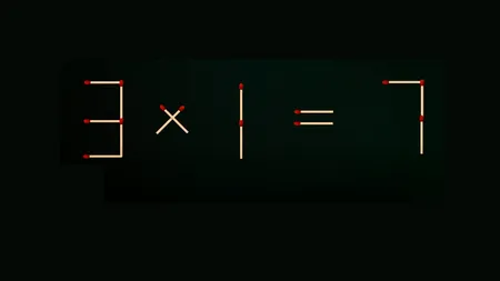 Test de logică | Mutați 2 chibrituri pentru a transforma 3 x 1 = 7 într-o egalitate corectă!