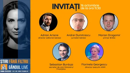 Sebastian Burduja, secretar de stat în Ministerul Finantelor, Adrian Artene, director editorial Gândul, și primarul orașului Brăila, Marian Dragomir, printre invitații Emmei Zeicescu la ediția Gândul LIVE de vineri, 16 octombrie 2020, de la ora 11.30