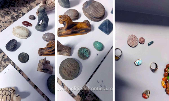 FOTO | 80 de monede, statui și bijuterii, vechi de mii de ani, descoperite în bagajul a doi bărbați care au ajuns în Aeroportul Otopeni / De unde provin artefactele arheologice / Sursa foto: Poliția de Frontieră