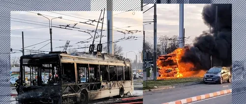 Un troleibuz a ars ca o torță în București. Imagini terifiante