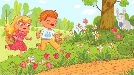 TEST IQ: Doi copii aleargă prin pădure, în căutarea ouălor de Paște. Poți să-i ajuți să găsească toate cele 10 ouă ascunse în doar 19 secunde?