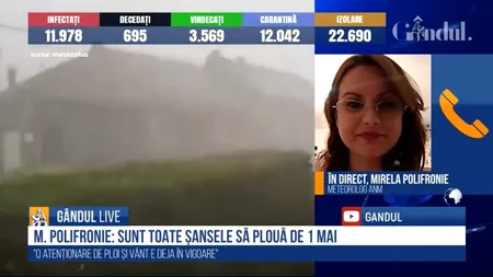 GÂNDUL LIVE. Mirela Polifronie, ANM: „Ploi și vânt de mâine până luni, în cea mai mare parte a țării. Pentru zona Capitalei, vom avea descărcări electrice și intensificări ale vântului”