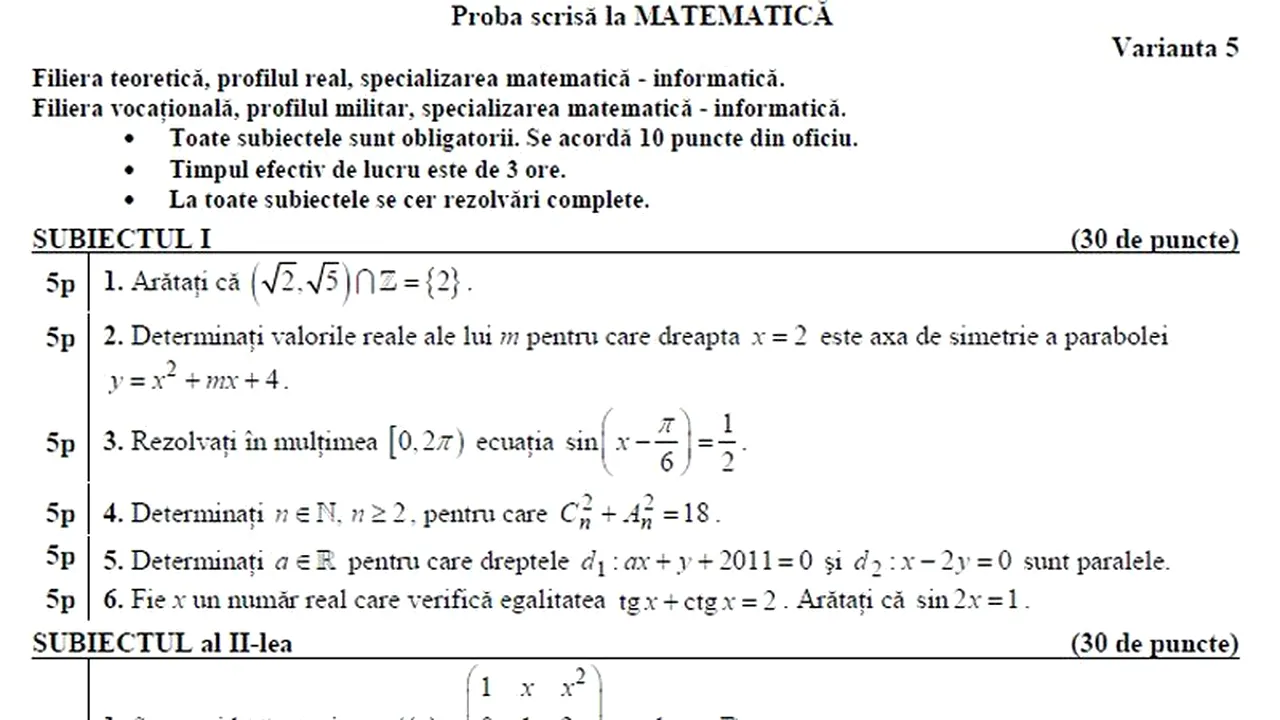 SUBIECTE MATEMATICA SI ISTORIE BAC 2011