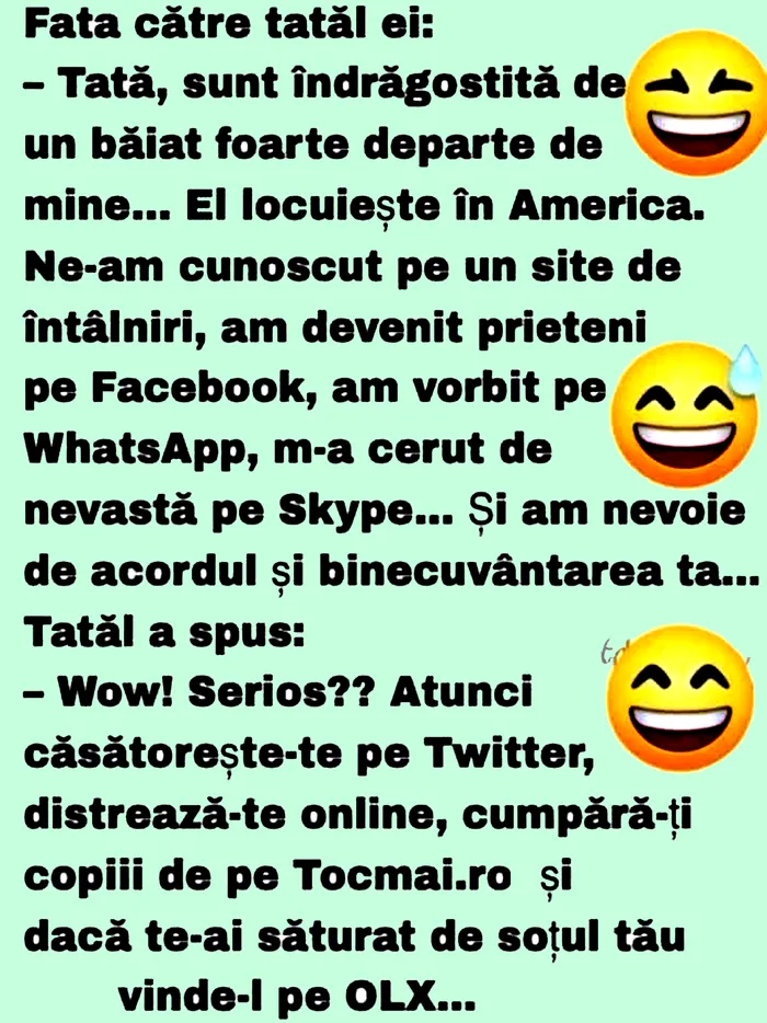 BANCUL ZILEI | Rămas șomer, Bulă se duce la Oficiul pentru Plasarea Forţei de Muncă Rămas șomer, Bulă se duce la Oficiul pentru Plasarea Forţei de Muncă. – Bună ziua, vreau şi eu un loc de muncă. – Avem ceva foarte bine plătit, dar e mult de lucru. – Nu, mulţumesc. Dacă am bani, îi dau pe băutură. – Atunci, avem un loc în care nu prea aveţi de muncă, dar e prost plătit. — Continuarea aici BANC | Bulă sună la ziarul local din Vaslui pentru a plasa un anunţ la matrimoniale Bulă sună la ziarul local din Vaslui pentru a plasa un anunţ la matrimoniale. – Ce aţi vrea să scrieţi în anunţ? – „Mic de statură, grăsuţ. Caut blonde, înalte, cu pieptul mare, exclusiv pentru făcut dragoste. Fără obligaţii”. – Domnule Bulă, mă cam îndoiesc că… — Continuarea aici BANC | Bulă, la sfârşitul anului școlar: „Mamă, eşti o femeie norocoasă!” La sfârşitul anului școlar, Bulă îi spune mamei sale: – Mamă, eşti o femeie norocoasă! – De ce, fiule? – Nu mai trebuie să-mi … Continuarea aici Banc cu Bulă | „Mamă, mamă, ia uite: pot să merg pe bicicletă fără mâini!” Bulă are bicicletă nou. Într-o zi, vine la mama lui fericit: – Mamă, mamă, ia uite: pot să merg pe bicicletă fără mâini! – Bravo, Bulă! Dar ai grijă să nu cazi! Mai trec câteva zile, iar vine Bulă la mama lui: – Mamă, mamă, ia uite: pot să merg pe bicicletă fără … — Continuarea aici Citește și alte bancuri: BANCUL ZILEI | Într-o noapte, Bulă sună speriat la 112: „Alo, Salvarea?!” BANC | Mama își duce fiica la ginecolog. Medicul le scrie următoarele diagnostice: mamei-HP, fiicei-HHP BANCUL ZILEI | „50 de lei, pentru două minute de muncă?” BANC | Bulă și Ștrulă vor să treacă granița spre Ungaria, dar fără să-i prindă vameșii BANC | Bulă merge la oftalmolog, care îi arată pe tablă literele: C Z W N O S T A X C Z Vă recomandăm și: Bancul de luni | „S-a DESPĂRȚIT Andreea de mine” BANC | Profesoara îi cere lui Bulă să spună o poveste cu morală, în fața clasei BANCUL ZILEI | „Ori dormi cu mine, ori în cameră cu bebe” BANC | Bubulina completează integrame: „Bulă, zi-mi: bărbat supus și exploatat, din 3 litere” BANCUL ZILEI | „Ori dormi cu mine, ori în cameră cu bebe” BANC | Bubulina completează integrame: „Bulă, zi-mi: bărbat supus și exploatat, din 3 litere” BANC | Bulă agață o englezoaică, în aeroportul din Londra