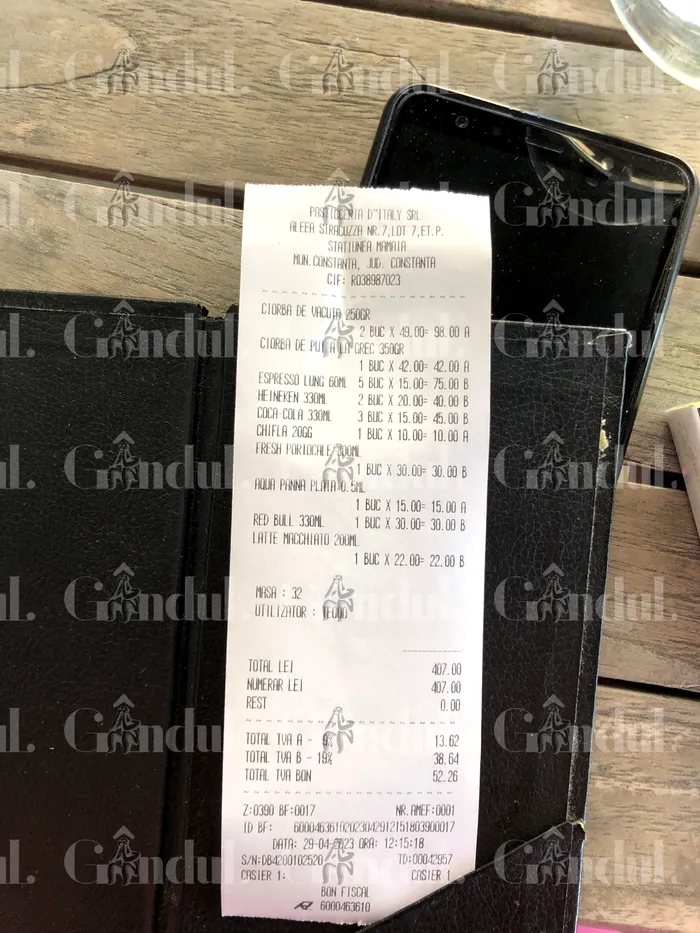Notă de plată la un restaurant din Mamaia Nord