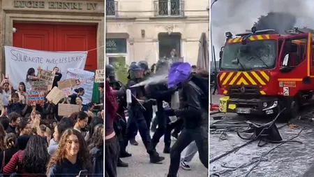 Protestele elevilor din Franța devin tot mai violente. Directorul unui liceu din Marsilia a fost stropit cu benzină. Mașini de pompieri, incendiate. Ce le transmite Macron tinerilor