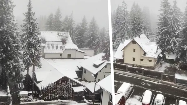 Dimineață cu zăpadă pe 30 de aprilie, într-un oraș din România. Imagini cu peisajul de iarnă de la mijlocul primăverii