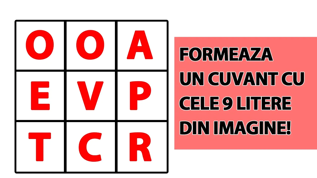 Test de inteligență de rezolvat în 2 minute | Formează un cuvânt cu toate cele 9 litere din imagine: O, O, A, E, V, P, T, C, R