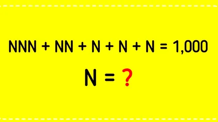 Test de inteligență | Rezolvați ecuația NNN+NN+N+N+N=1000. Ce cifră este N, de fapt?