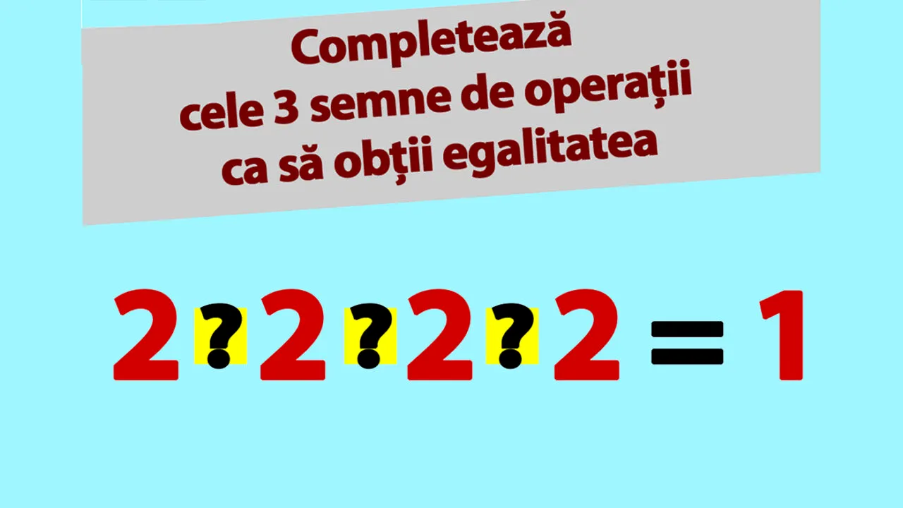Test IQ pentru matematicieni | Completează cele 3 operații pentru a obține o egalitate: 2?2?2?2=1