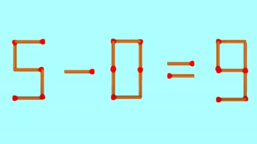 TEST IQ | Mută un singur băț de chibrit pentru a corecta 5-0=9