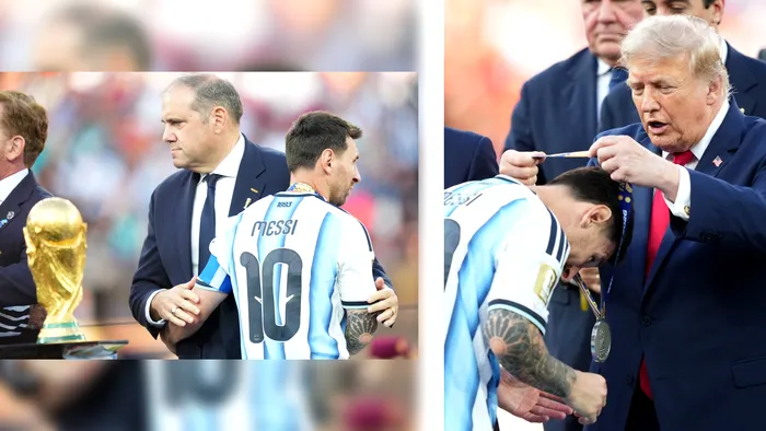 Lionel Messi, fostul campion de la Cupa Mondială din 2022, primește premiul de consolare - medalia de argint - după ce a pierdut partida cu Spania