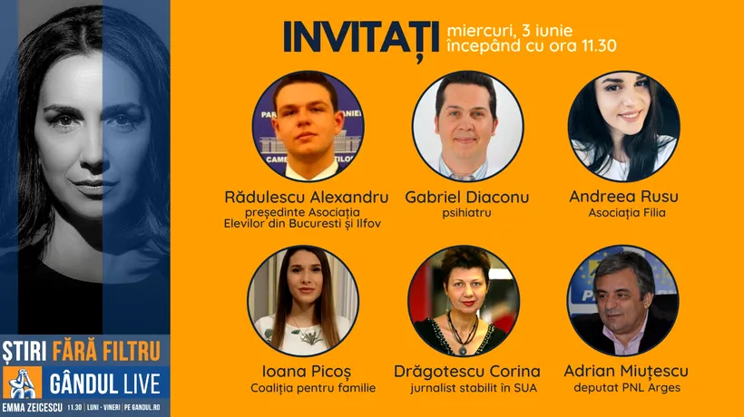 GÂNDUL LIVE. Psihiatrul Gabriel Diaconu și jurnalista Corina Drăgotescu se află printre invitații Emmei Zeicescu, pe 3 iunie, de la ora 11.30