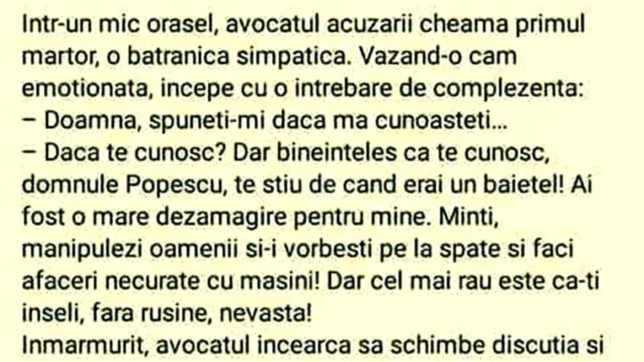 Bancul de marți | Avocatul apărării și pensionara atotcunoscătoare