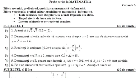 SUBIECTE MATEMATICA SI ISTORIE BAC 2011