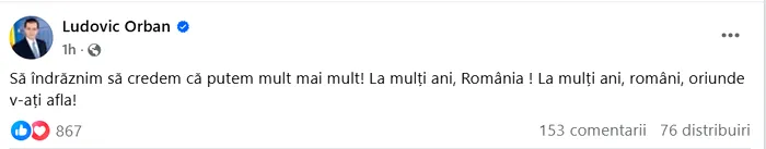 Fostul consilier prezidențial Ludovic Orban a transmis un mesaj cu ocazia Zilei Naționale de 1 Decembrie, românilor din țară, dar și celor aflați peste granițe. 