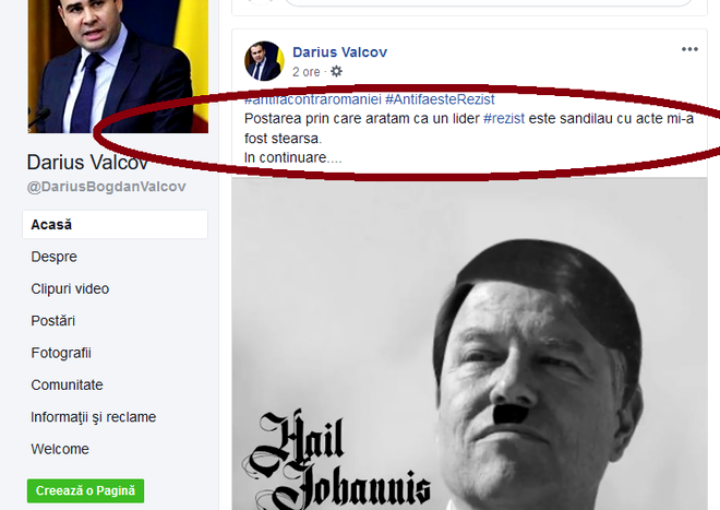 Poză trucată Iohannis Hitler pe Pagina de Facebook a lui Darius Vâlcov