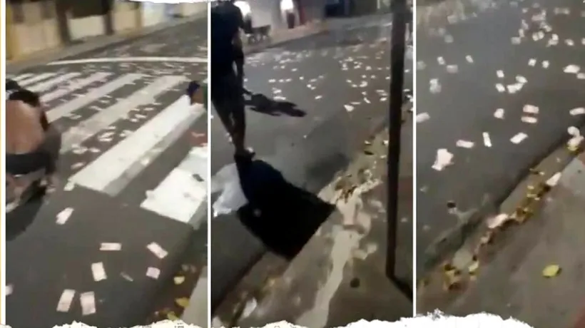 „Ploaie de bani” pe o stradă din Alexandria. Cum a ajuns o sacoșă plină cu bancnote pe capota unei mașini