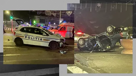 Un Logan s-a RĂSTURNAT într-o intersecție din sectorul 4, după ce a lovit o maşină de poliţie aflată în misiune