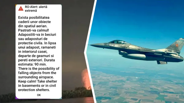 Resturi de dronă, căzute în localitatea Periprava din județul Tulcea. Un nou mesaj RO-Alert emis și două avioane F-16 ridicate de la sol
