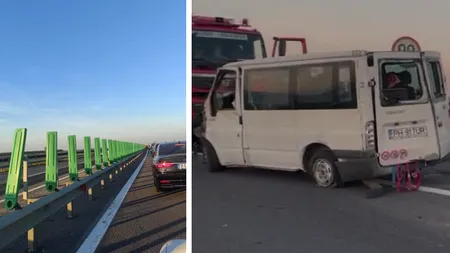 Șapte persoane rănite, după ce un microbuz s-a răsturnat pe autostrada A1. Trafic blocat spre Pitești