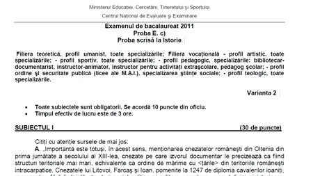 BAC 2012 SESIUNEA A DOUA - ISTORIE. SUBIECTELE la ISTORIE de la BAC 2011 SESIUNEA A DOUA