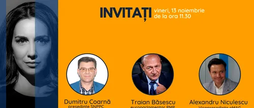 Europarlamentarul PMP Traian Băsescu se află printre invitații Emmei Zeicescu la ediția Gândul LIVE de vineri, 13 noiembrie 2020, de la ora 11.30