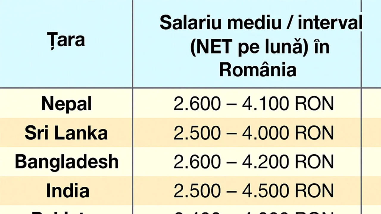 Tabel salarii | Ce salarii primesc în România muncitorii din Nepal, Sri Lanka, India etc + Care sunt cei mai bine plătiți