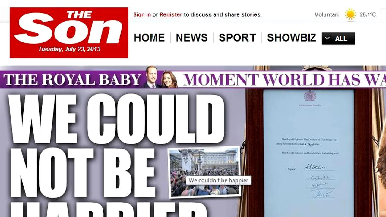 THE SON - Modul inedit în care tabloidul The Sun marchează nașterea fiului cuplului William și Kate
