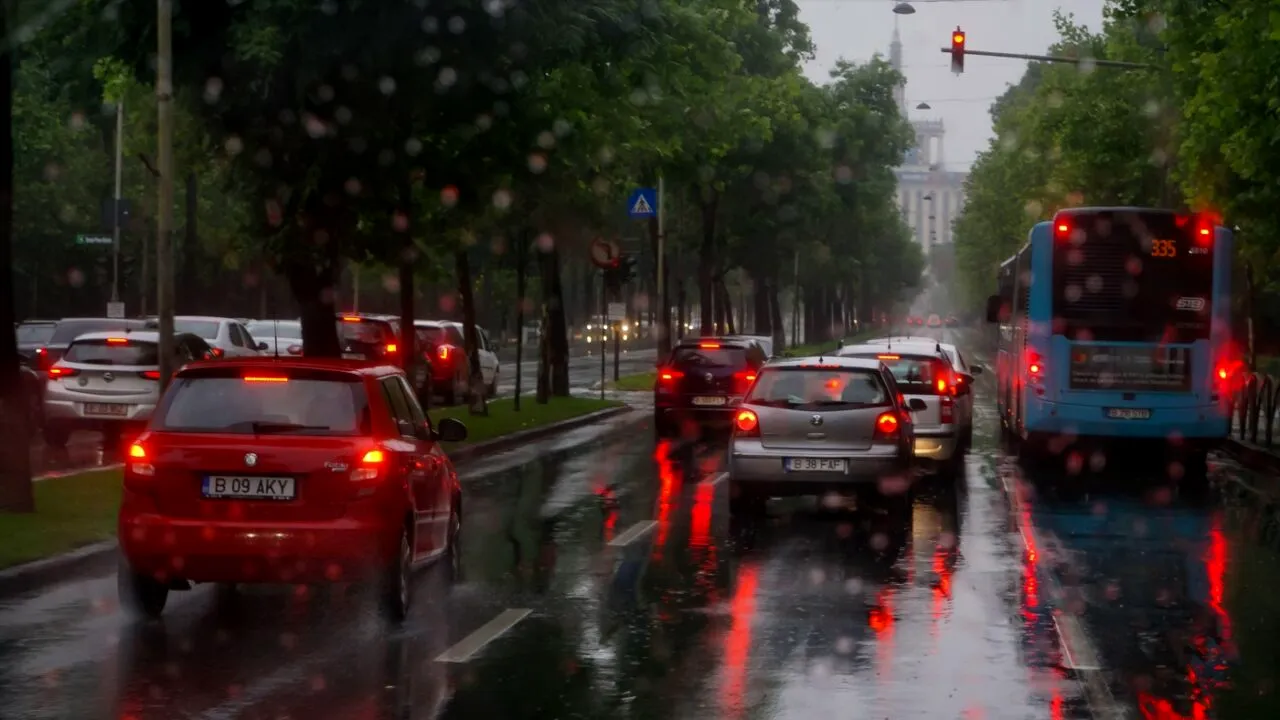 Furtună puternică în București. 36 de autoturisme au fost avariate / Cod Galben de vijelii, descărcări electrice și grindină