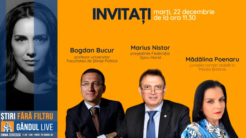 GÂNDUL LIVE. Marius Nistor, președinte Federația „Spiru Haret”, se află printre invitații Emmei Zeicescu la ediția de marți, 22 decembrie 2020, de la ora 11.30