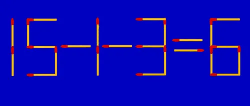 Test IQ exclusiv pentru genii | Mutați un singur băț de chibrit pentru a corecta 15 - 1 - 3 = 6