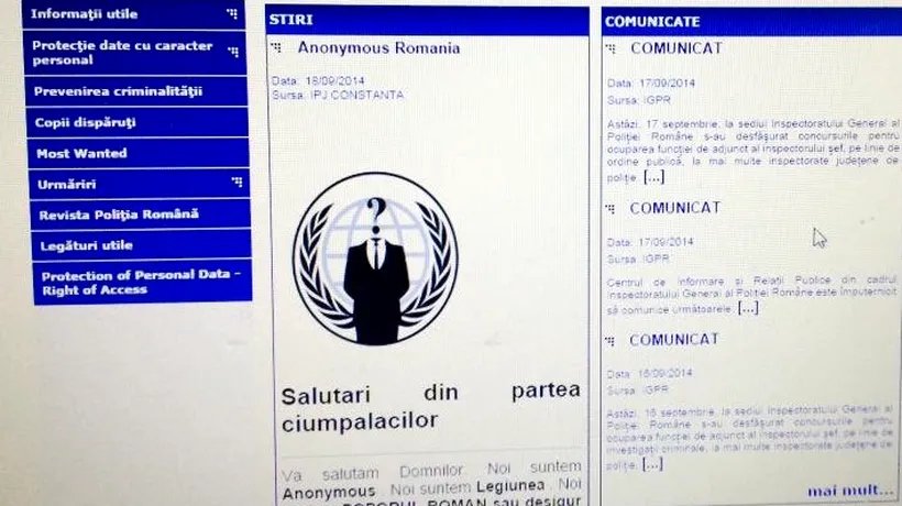 Reacția Poliției Române, după ce hackerii Anonymous i-au spart site-ul și i-a lăsat un mesaj