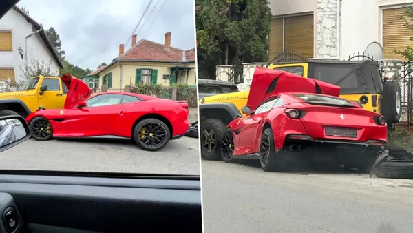 Accident spectaculos în Sibiu: Un șofer băut a intrat cu un Ferrari în patru mașini parcate. Bărbatul a avariat și o țeavă de gaze