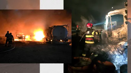 Un incendiu violent a mistuit un parc auto din 2Mai. Flăcările au cuprins cisternele de bitum. Pompierii au reușit să stingă focul